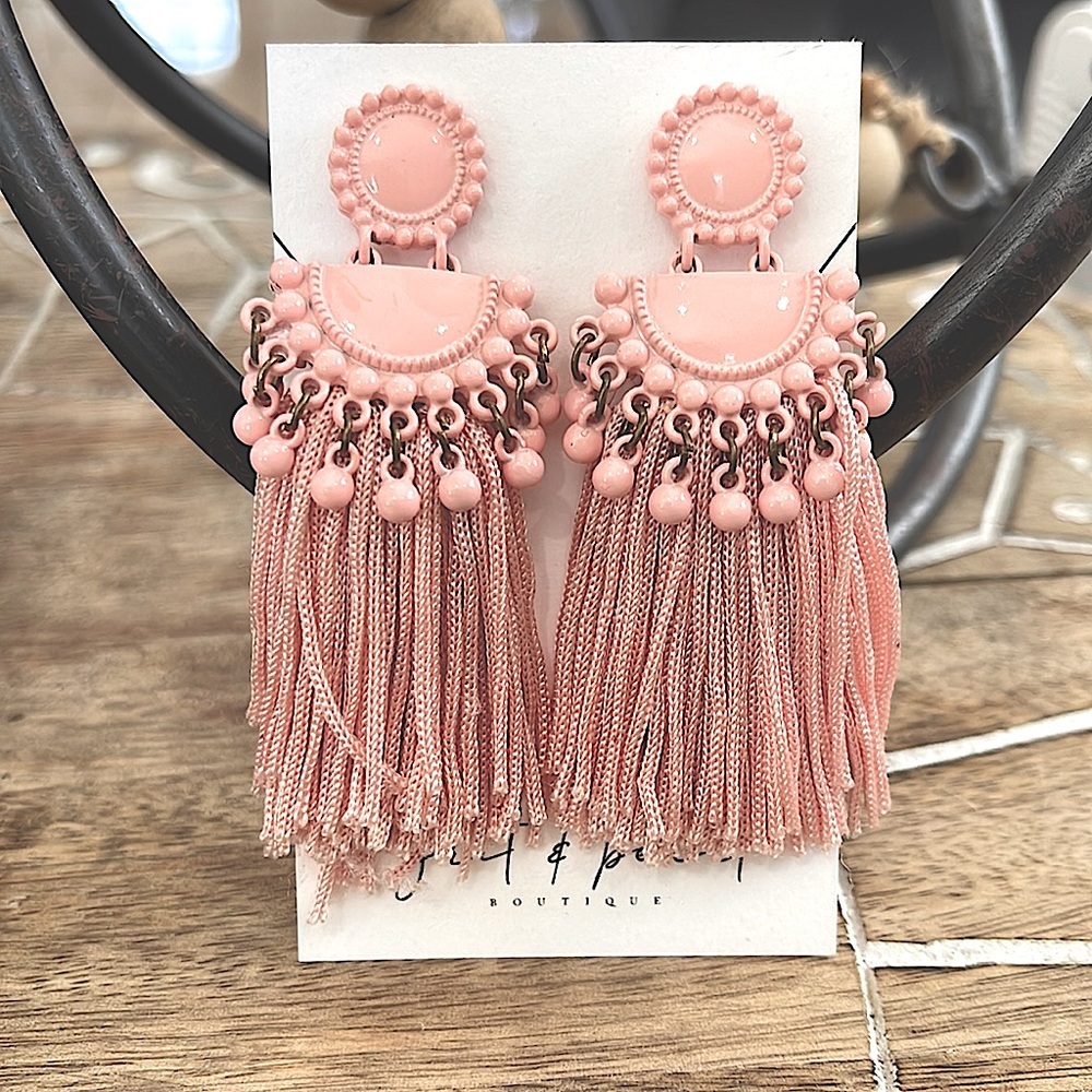 Pink Chain Tassel Statement Earrings – Boho Fringe Dangle Earrings